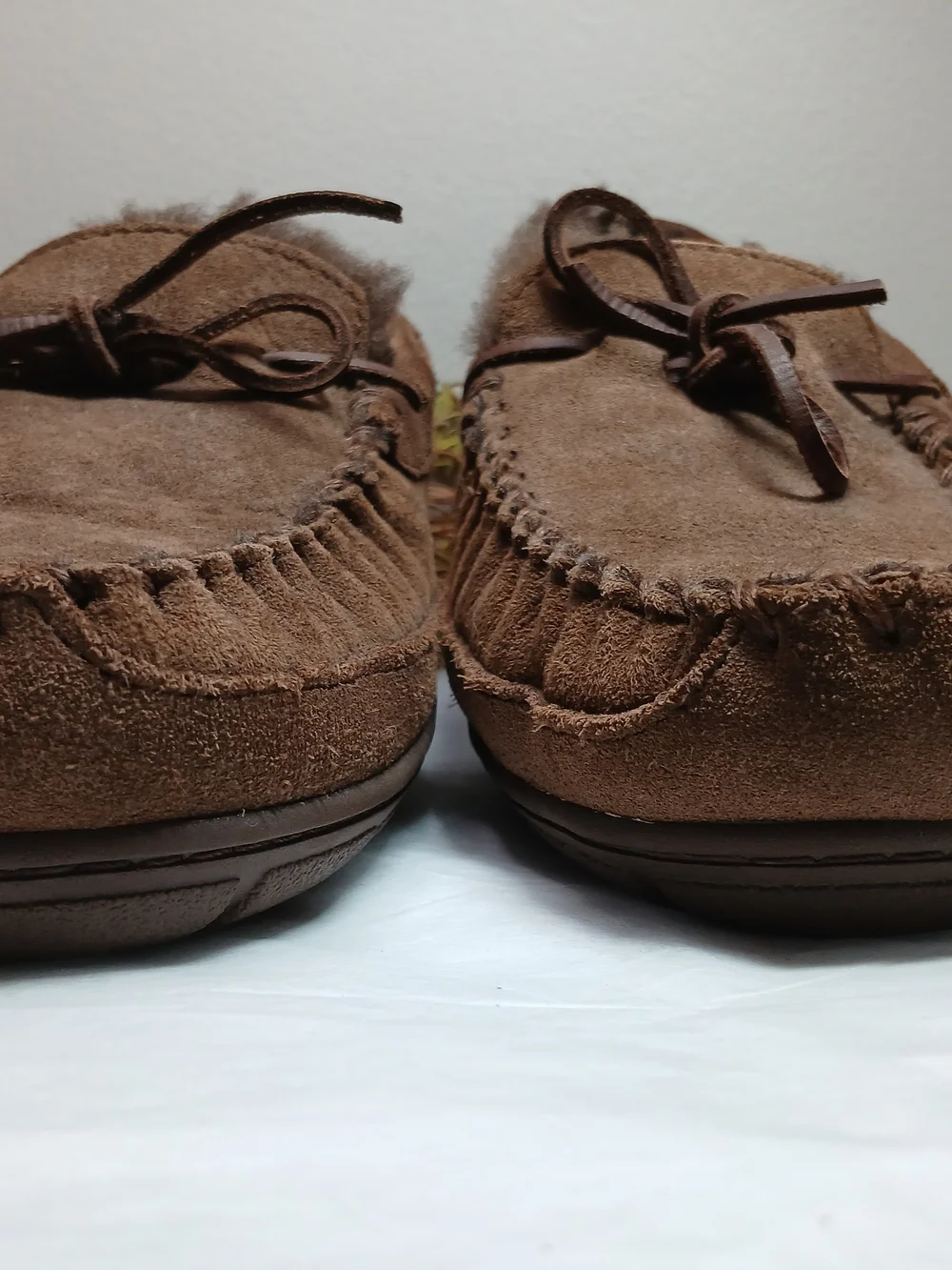 L.L. Bean Brown Suede Moccasin Slip-On Slippers with Faux Fur Lining